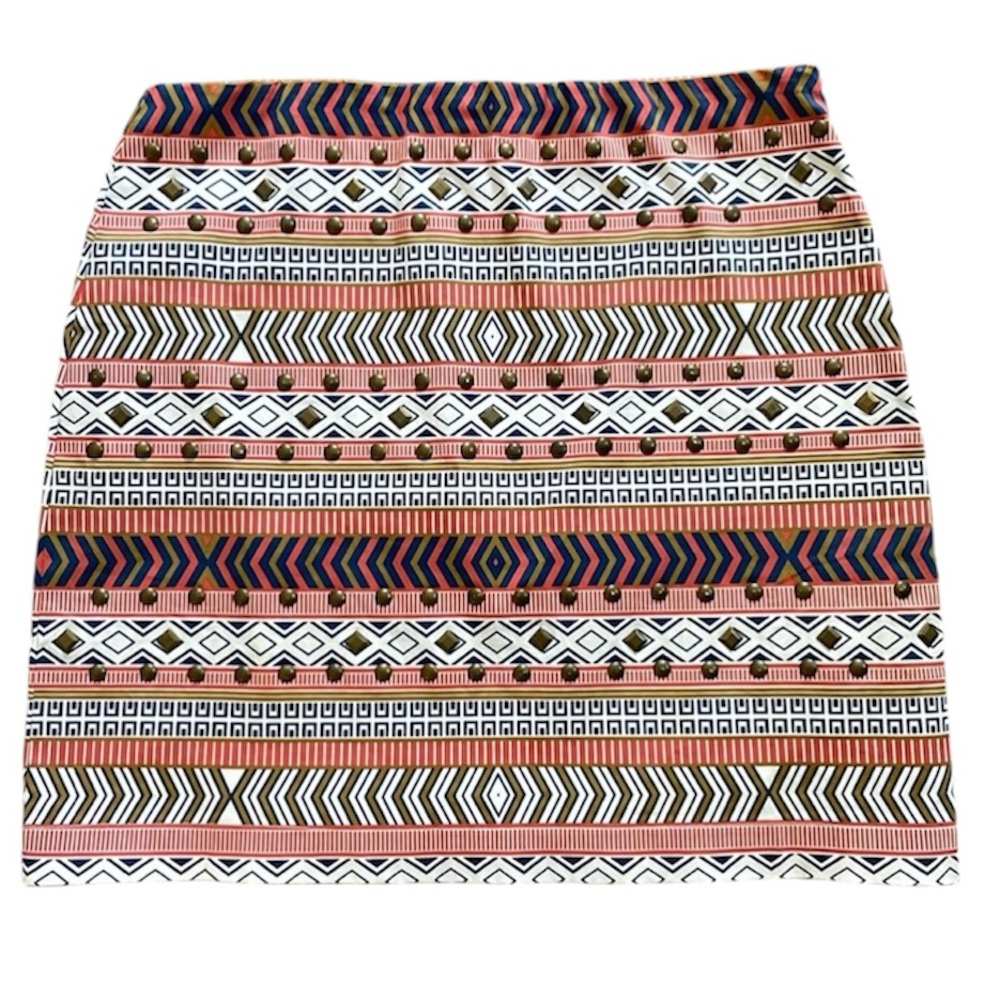 Francesca Quinn Orange, Blue & Cream Geometric with Studs Mini Skirt M EUC